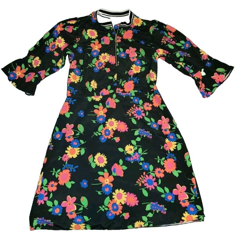 Vintage Retro Mod Flower Power Dress Womens Size 6 Funky Floral Bell Sleeve ASOS